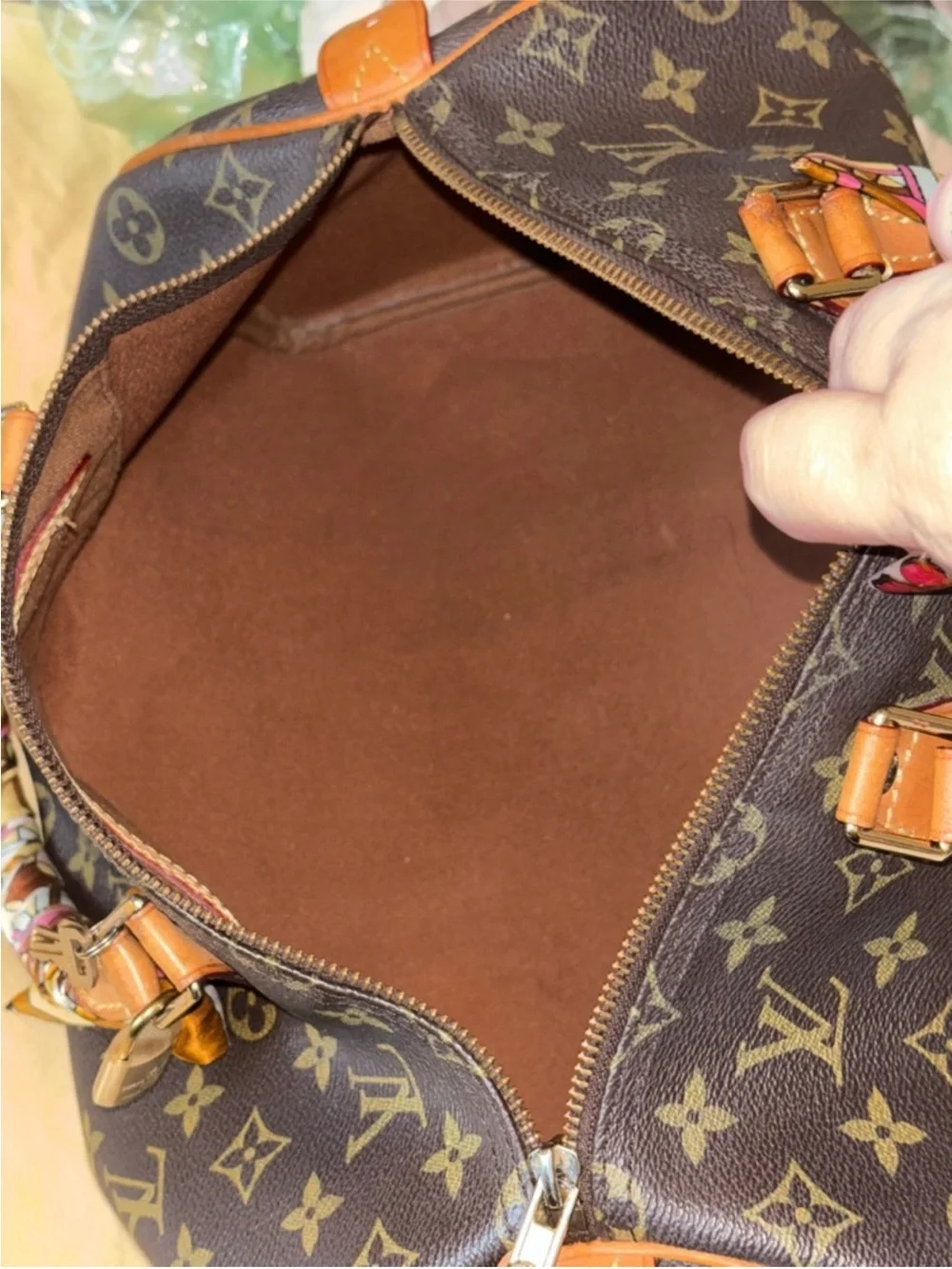 Louis Vuitton Monogram Canvas Satchel with Pink-Accented Handle Scarf